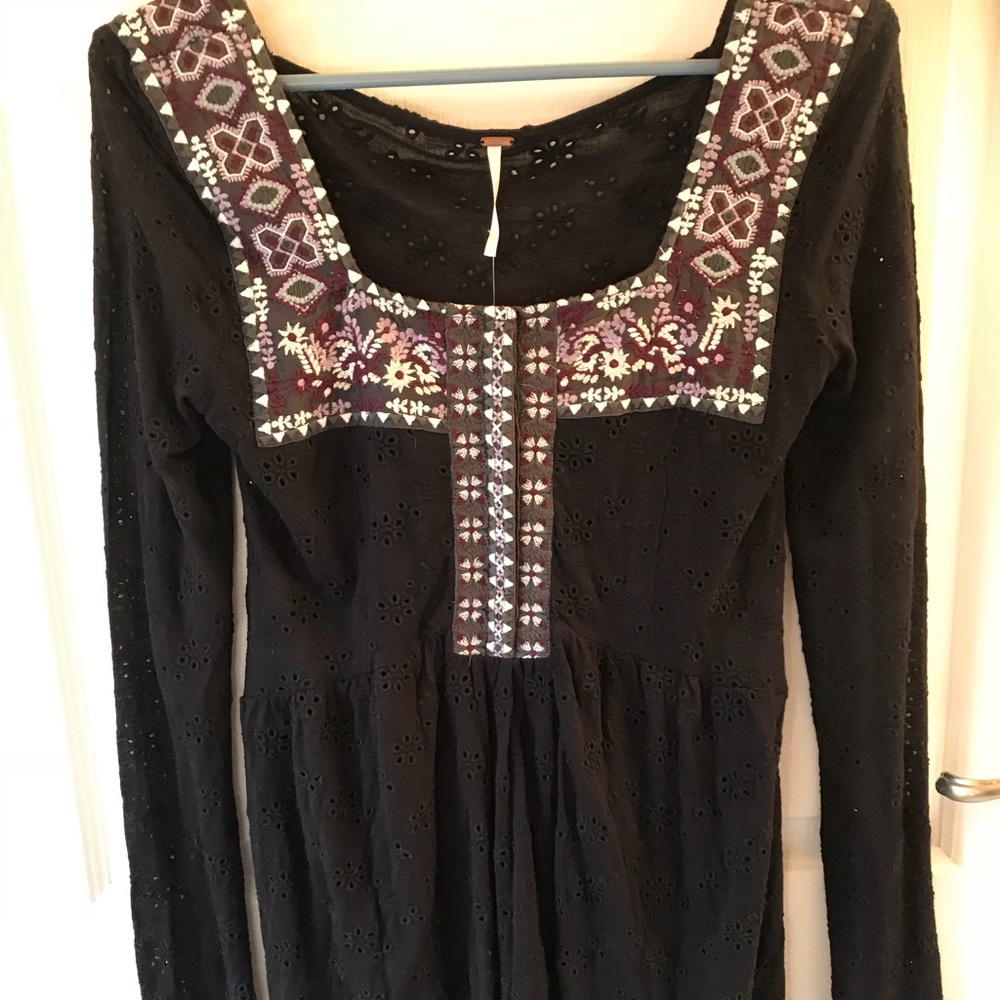 Free People Black Embroidered BabyDoll Tunic S